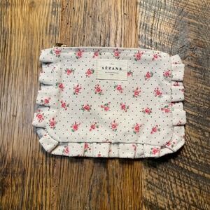 SEZANE Paris Floral Polka Dot Cosmetic Bag Twee Ruffle Trim Cottage Cute Flower